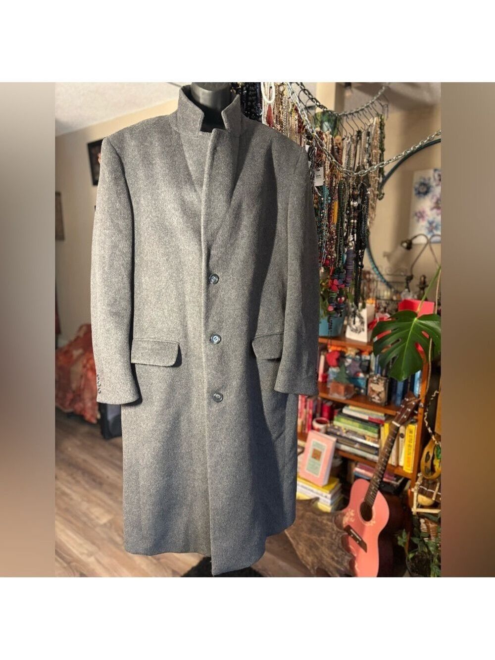 Vintage Bay Club Wool & Cashmere Tall Coat Grey Luxe Orange Lining Men Size 42 - Picture 5 of 17